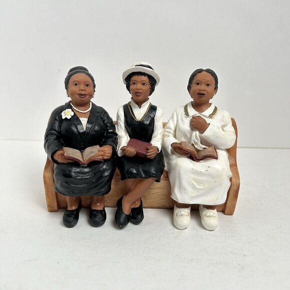 UTI Church Ladies in Church Pew Resin Figurines in Simulated Wood Church Pew - Picture 1 of 6